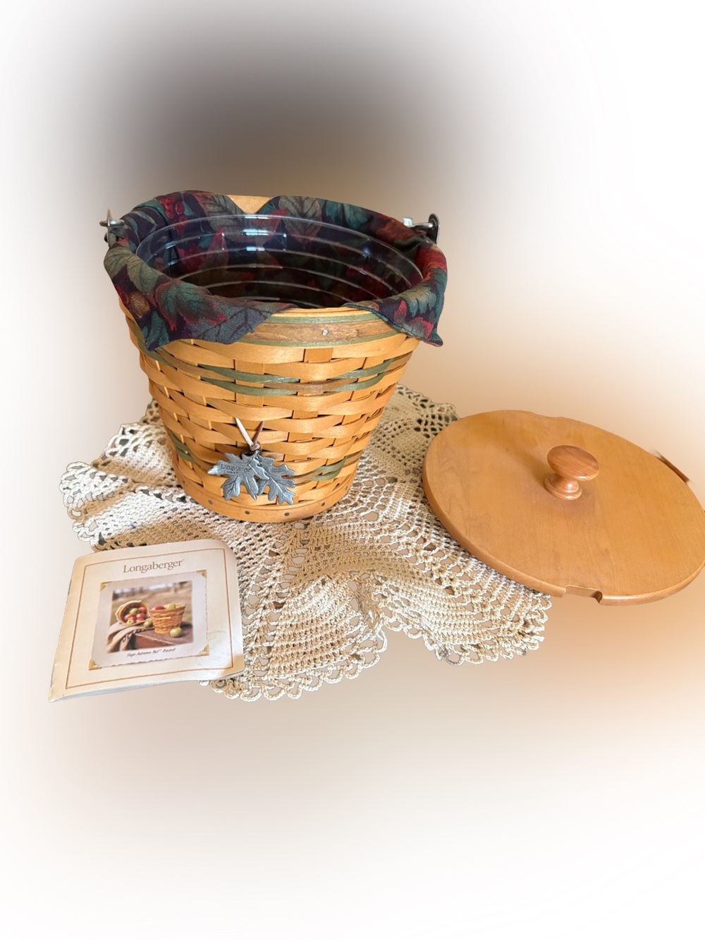 Longaberger 2002 Sage Autumn Pail Basket Set Liner Protector Oak Leaf charm Y2K